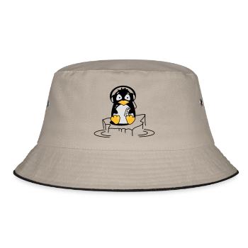 Cooler Pinguin mit Kopfhörern auf Eis - Bucket Hat - Khaki/Schwarz - Vorne