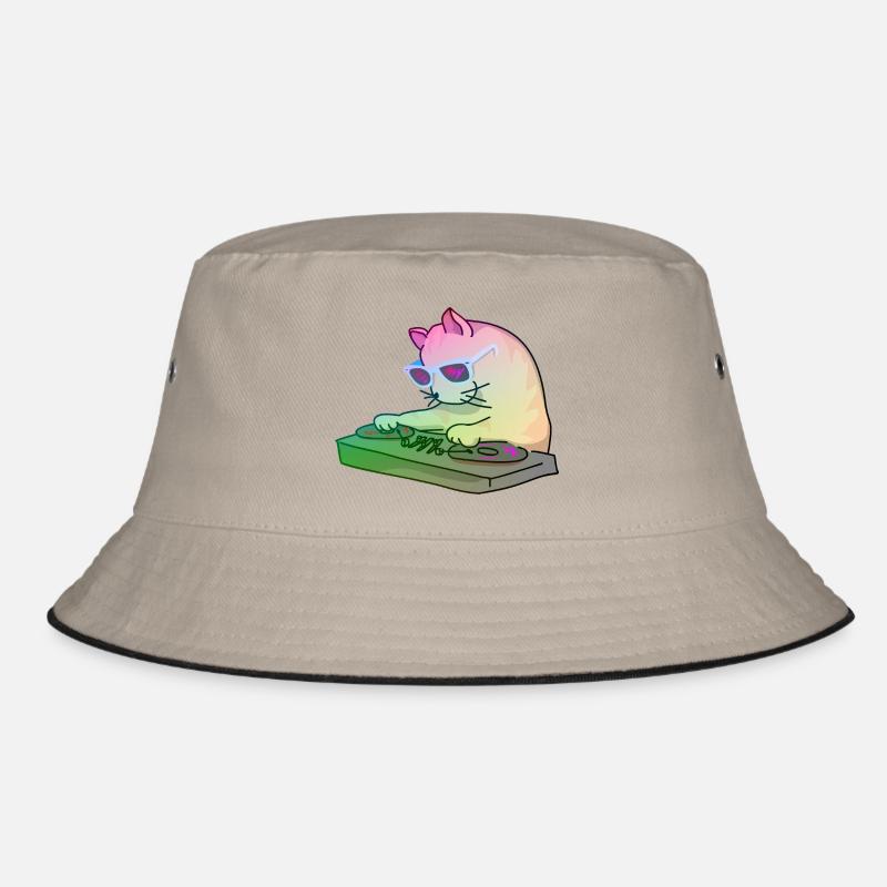 Rainbow DJ Kitty - dj cat - Bucket Hat - khaki/black