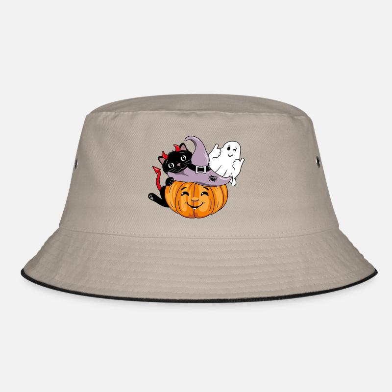 Lächelnder Kürbis mit schwarzer Katze und zwinkerndem Geist Bucket Hat