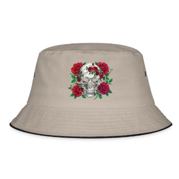 Totenkopf mit Rosen - Bucket Hat - Khaki/Schwarz - Vorne