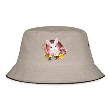 weißes Kaninchen mit Ostereier als Osterhase - Bucket Hat - Khaki/Schwarz - Vorne