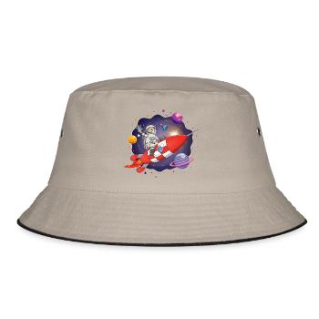 Der Astronaut auf der roten Rakete im All - Bucket Hat - Khaki/Schwarz - Vorne
