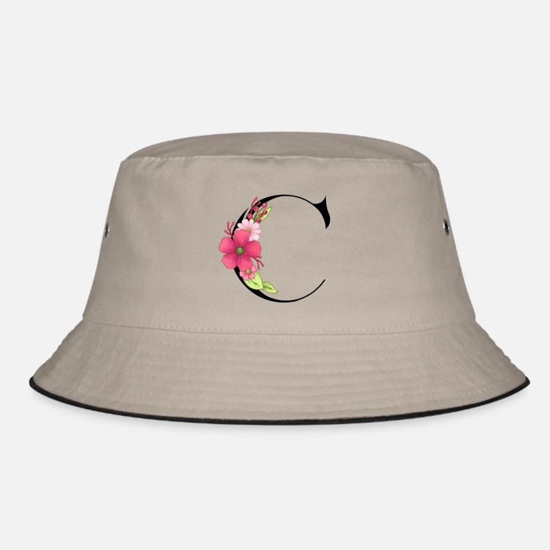 Eleganter Buchstabe 'C' mit Blumen - Bucket Hat - Khaki/Schwarz