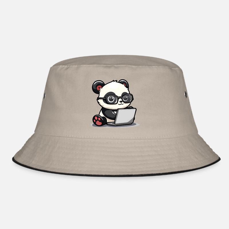 Panda Cartoon Working on Laptop with Glasses Bucket Hat