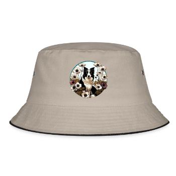 Border Collie in Floral Circle - Bucket Hat - khaki/black - Front