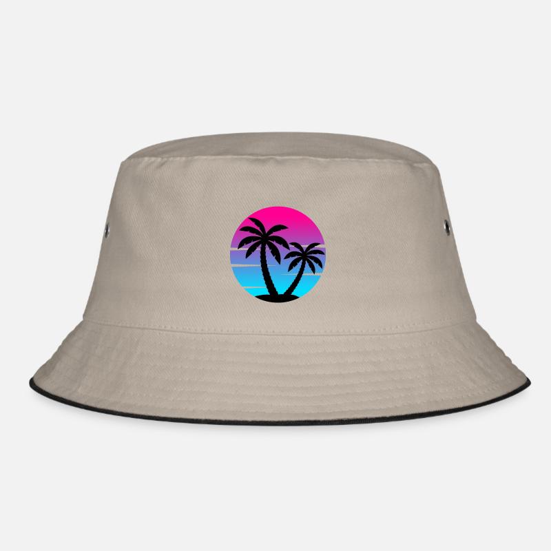 80s synthwave sunset with palm trees in a circle Bucket Hat