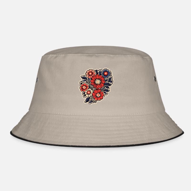 Wunderschönes Boho Blumen Herbarium Bouquet - Bucket Hat - Khaki/Schwarz