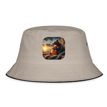 Braunbär sitzt mit Bienenwabe vor einem Baum - Bucket Hat - Khaki/Schwarz - Vorne