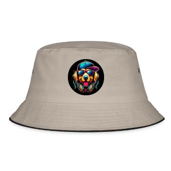 Golden Retriever Dog Rapper with Cap and Headphones - Bucket Hat - khaki/black - Front