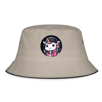 Einhorn Tier Rapper Mädchen Comic Cartoon - Bucket Hat - Khaki/Schwarz - Vorne