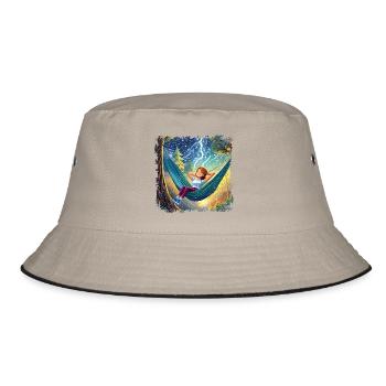 Mädchen auf Hängematte, chillen, mit Blitzen - Bucket Hat - Khaki/Schwarz - Vorne