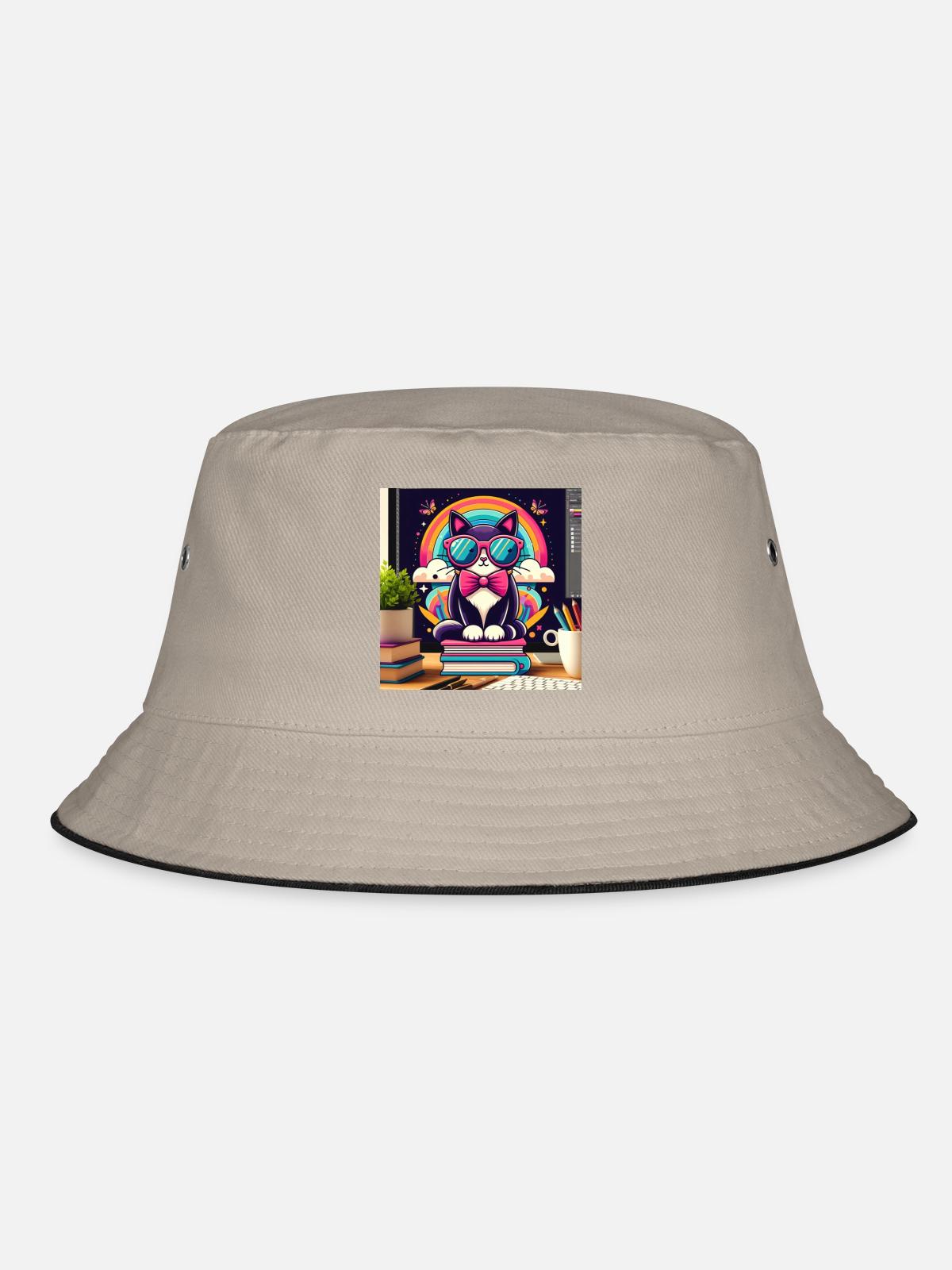 Studious cat with glasses - Bucket Hat - khaki/black - Front
