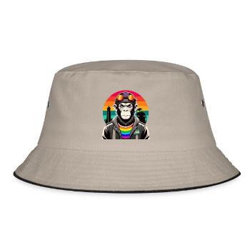 Vielfalt in Schwingung: Der modern-retro Affe - Bucket Hat - Khaki/Schwarz - Vorne