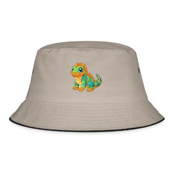 Leguan Niedliche Maskottchen Zeichentrickfigur Kawaii - Bucket Hat - Khaki/Schwarz - Vorne