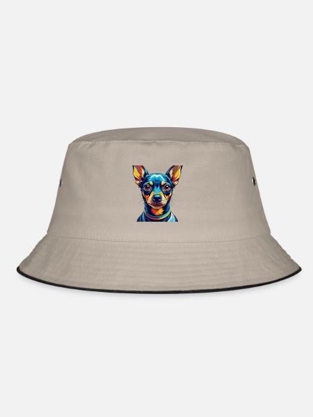 Miniatur Pinscher Hunderasse Cartoon Kawaii - Bucket Hat - Khaki/Schwarz - Vorne