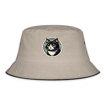 Schwarzweiße Katze im Comicstyle - Bucket Hat - Khaki/Schwarz - Vorne