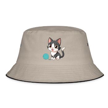 Black and White Kawaii Kitten with Pincushion (v02) - Bucket Hat - khaki/black - Front