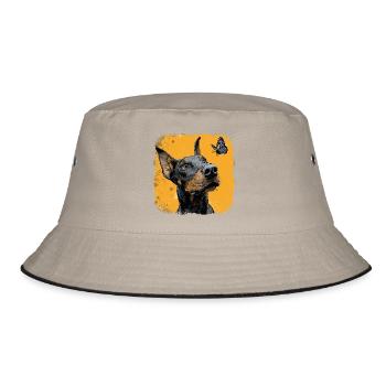 Funny Doberman and Butterfly on Orange - Bucket Hat - khaki/black - Front