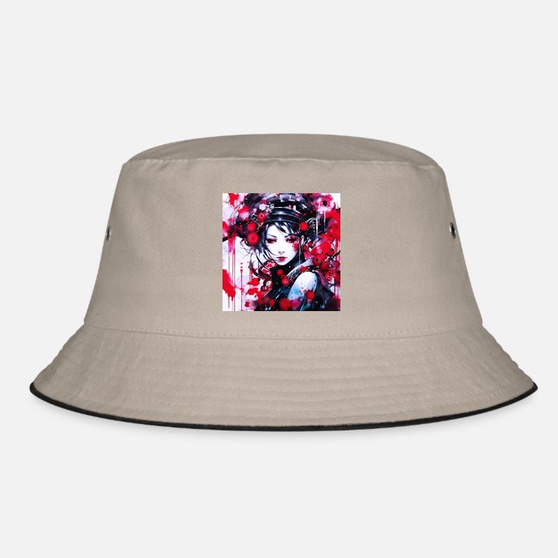 Red Splashed Futuristic Portrait Bucket Hat