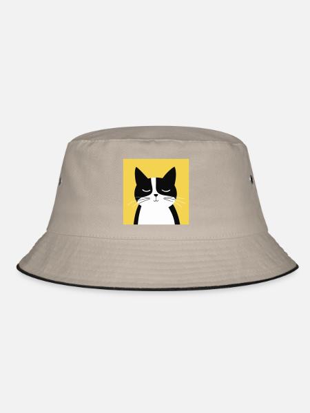 Minimalistische schwarz-weiße Katze - Bucket Hat - Khaki/Schwarz - Vorne