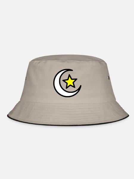 Mondsichel & Stern | Islamisches Symbol Line Art - Bucket Hat - Khaki/Schwarz - Vorne