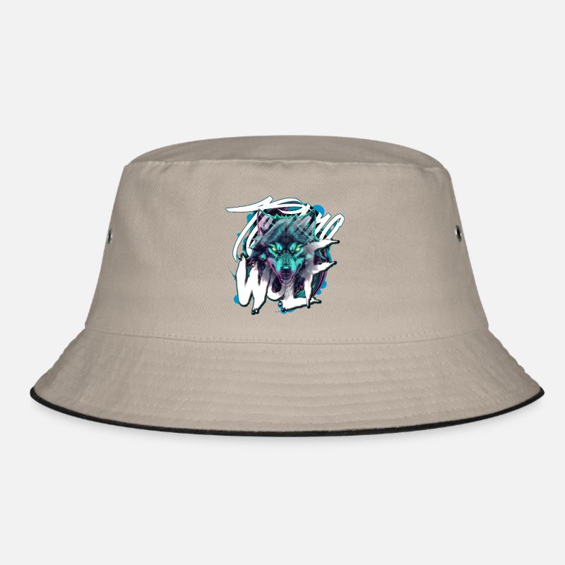 Neon Techno Wolf Head–Rave Wolf - Bucket Hat - Khaki/Schwarz