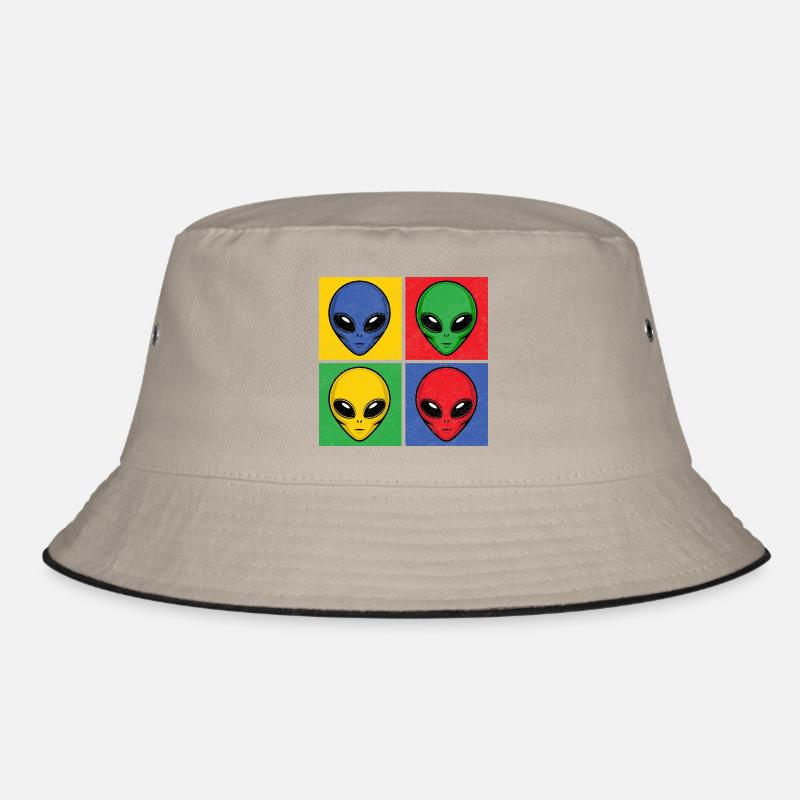 Aliens Pop-Art Popart Alienköpfe Aliengesichter - Bucket Hat - Khaki/Schwarz