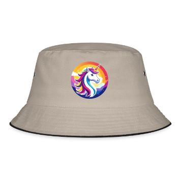 Regenbogen Unicorn buntes Einhorn Kopf Motiv - Bucket Hat - Khaki/Schwarz - Vorne