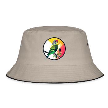 Colorful Budgie Parrot on Branch Art Design - Bucket Hat - khaki/black - Front