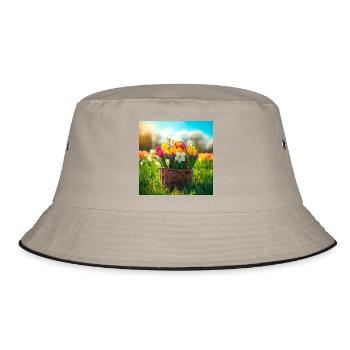 Tulpen in einem bunten Korb - Bucket Hat - Khaki/Schwarz - Vorne
