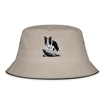 Hund Border Collie auf Rock Portrait Agility - Bucket Hat - Khaki/Schwarz - Vorne