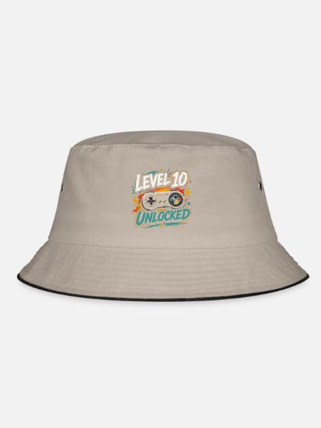Level 10 freigeschaltetes 10-Jahres-Jubiläums-D-Geschenk - Bucket Hat - Khaki/Schwarz - Vorne