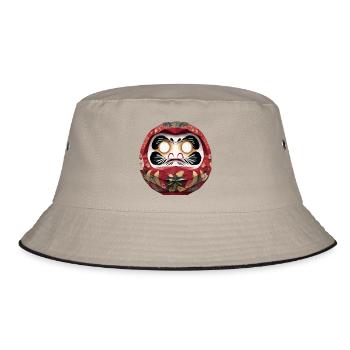 Floral Circle Daruma Festival Style Daruma Origami - Bucket Hat - khaki/black - Front