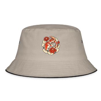 Koi Karpfen im Kreis Lotosblumen Japan Art Shirt - Bucket Hat - Khaki/Schwarz - Vorne