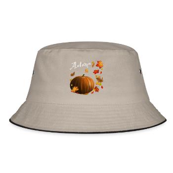 Autumn - Kürbis mit bunten Herbstblättern - Bucket Hat - Khaki/Schwarz - Vorne