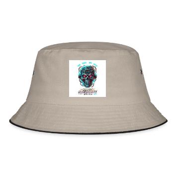 Bass Overdrive // 150 BPM Cyberpunk Skull - Bucket Hat - Khaki/Schwarz - Vorne