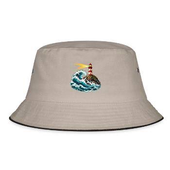 Leuchtturm über einer schwingenden Welle - Bucket Hat - Khaki/Schwarz - Vorne