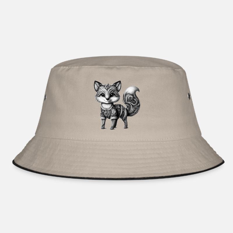 kunstvoll gestalteter Fuchs in schwarz-weiß - Bucket Hat - Khaki/Schwarz