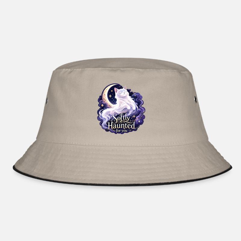Softly Haunted White Moon Cat Gothic Celestial - Bucket Hat - khaki/black