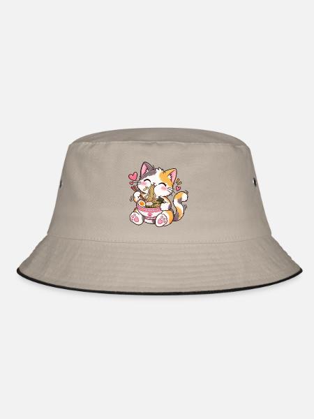 Kawaii Katze schlürft Ramen-Aufkleber – Süßer Anime - Bucket Hat - Khaki/Schwarz