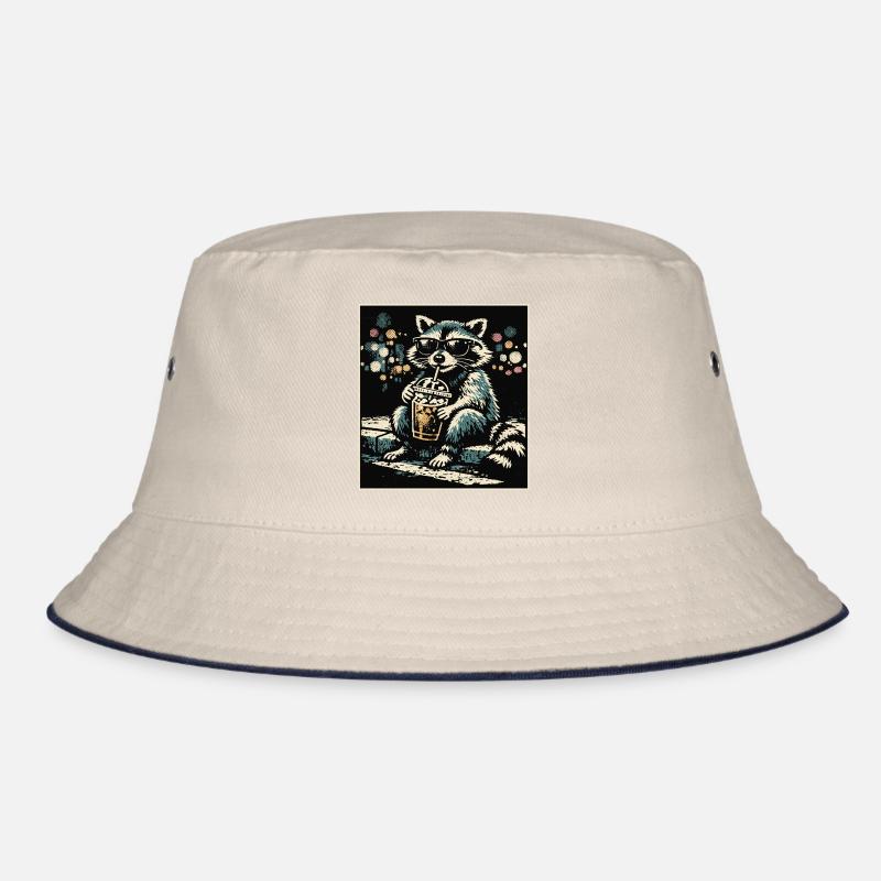 Funny raccoon drinking iced coffee Bucket Hat