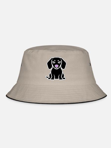 Dachshund Dog Puppy Cartoon - Bucket Hat - khaki/black - Front