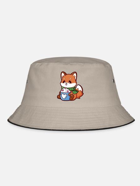 Kuschelfuchs mit Herztasse - Bucket Hat - Khaki/Schwarz