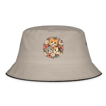 Drei Kätzchen in Blumen - Bucket Hat - Khaki/Schwarz - Vorne