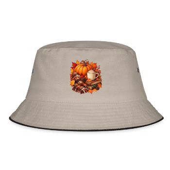 Herbstliche gemütliche Kürbis-Latte-Szene - Bucket Hat - Khaki/Schwarz - Vorne