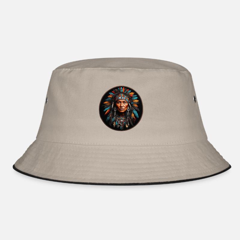 American Native mit buntem Federschmuck - Bucket Hat - Khaki/Schwarz