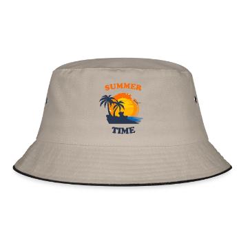 Sommerinspirierte Palmen mit Sonnenuntergang - Bucket Hat - Khaki/Schwarz - Vorne