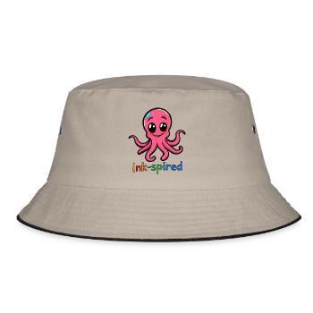 Pink Octopus Cartoon Standing with Arms Extended - Bucket Hat - khaki/black - Front
