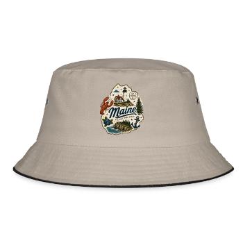Maine Pine Tree State Vintage Küstenaufkleber - Bucket Hat - Khaki/Schwarz - Vorne