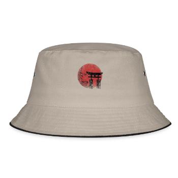 Japan Temple mit roter Sonne und Bambus - Bucket Hat - Khaki/Schwarz - Vorne